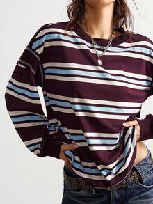 Bohemela 波西米亚风秋冬复古休闲棕色条纹针织圆领宽松女式T恤，西部乡村风格，适合音乐会、派对、海滩度假、日常穿着、返校、外出、派对、圣诞节、新年等场合。 - 彩色 - 查看 2