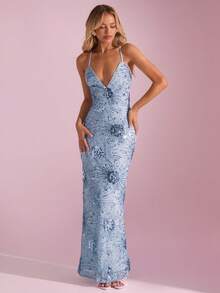 SHEIN Glamour 女士优雅性感亮片刺绣露背吊带连衣裙 - 淺藍色 - 查看 5