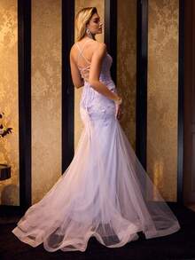 MOTF PREMIUM PURPLE MESH PATCHWORK EMBROIDERED LACE UP BACKLESS EVENING DRESS - Purple - View 4