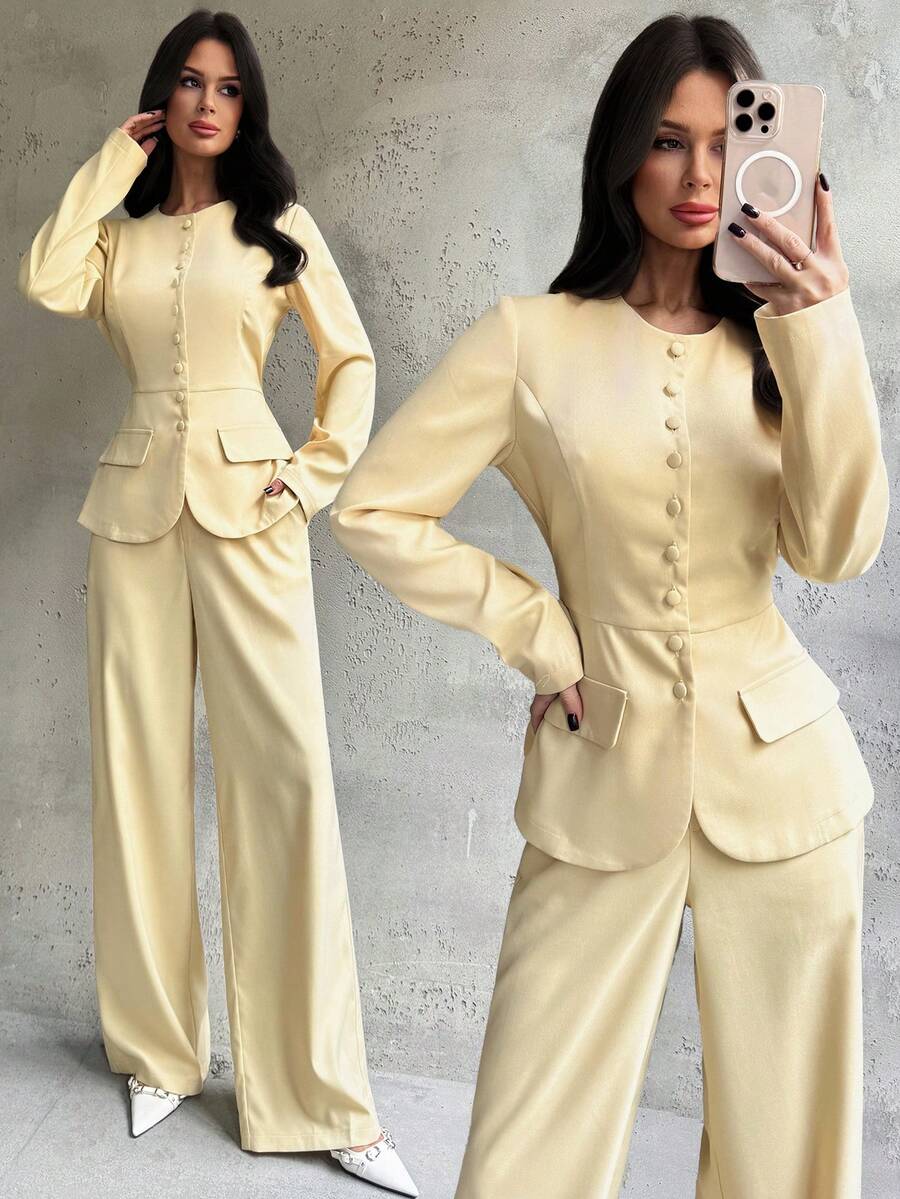 Firerie 女士纯色圆领长袖单排扣外套和阔腿裤优雅两件套/女士冬季服装/优雅派对两件套/优雅女士套装/复古风格套装/教师套装/办公套装/秋冬室内办公套装/天鹅黄两件套/套装/复古风格