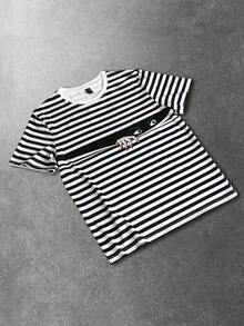 ROMWE MEN 男士休闲圆领短袖条纹图案T恤 - 黑與白 - 查看 5