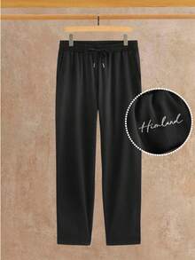 HIMLAND 男士梭织字母刺绣抽绳腰带口袋裤 - 黑色 - 查看 2