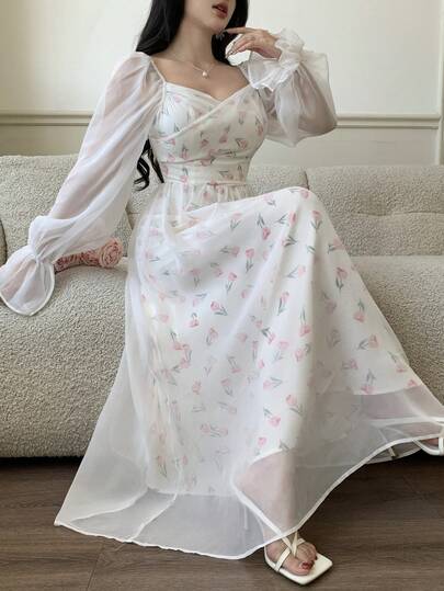 Feyla 女士郁金香印花优雅长袖中长连衣裙