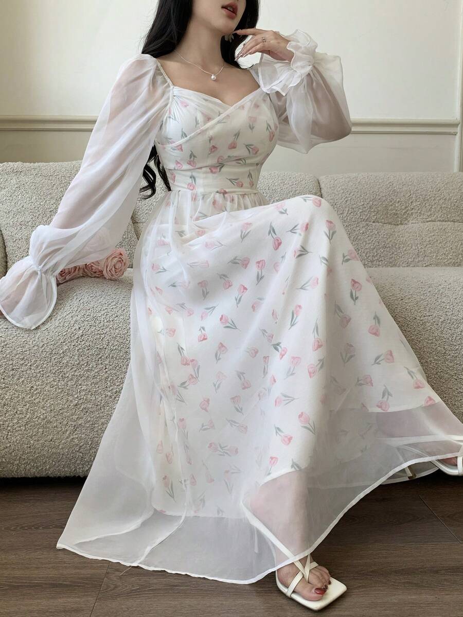 Feyla 女士郁金香印花优雅长袖中长连衣裙 - 彩色 - 查看 1