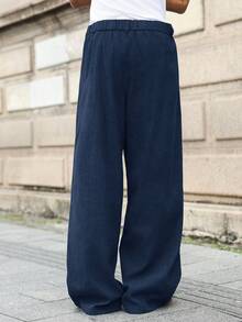 Manfinity Roghcode Plus Size Men's Casual Everyday Workwear Loose Fit Solid Color Slant Pocket Wide Leg Pants Navy Blue Pants Mens Wide Leg Pants Pleated Pants For Men Dark Blue Pants Wide Bottom Pants For Men