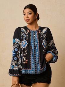 Travachic Áo sơ mi dài tay họa tiết hoa Bohemian cổ điển thường ngày cỡ lớn - màu đen - Xem 4