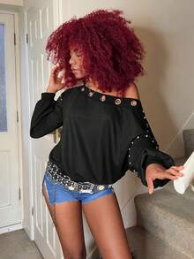 StreetHx 女士千禧年风格Y2K服饰，黑色休闲街头风，朋克风宽松长袖卫衣，不对称领口饰有金属装饰，秋冬款 - 黑色 - 查看 3