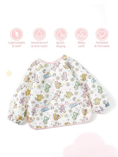 SHEIN X Care Bears 防水、防油、防污长袖围兜/围裙，适合 0-3 岁婴幼儿，可爱熊卡通图案，适合女孩，多用途，适合绘画、进食、户外活动，柔软、轻便、可折叠、便携