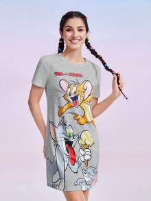 TOM & JERRY X SHEIN 女士卡通字母印花短袖睡裙，夏季，宽松睡衣