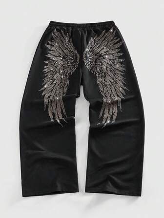 Street Life Herren Mode Streetwear Lässig Strass Flügel Muster Loose Weite Bein Jogginghose