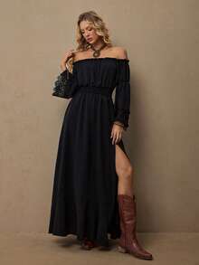 Freevana Women's Vacation Black Off-Shoulder Long Sleeve Cinched Waist A-Line Dress, Lace Trim Cuffs Loose Dress, Forest Style Autumn/Winter Dress Black Off Shoulder Dress - Black - View 7