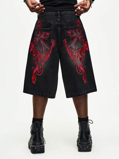 Street Life Pantalones cortos vaqueros de pierna ancha con bolsillos, de corte holgado y casual para hombre