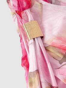 SHEIN MOD 女士碎花荷叶边下摆金属纽扣中长连衣裙 - 彩色 - 查看 4