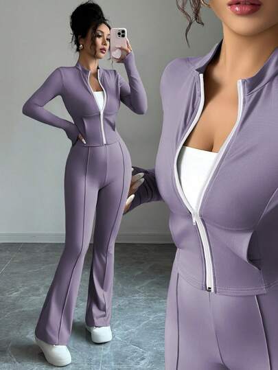 INAWLY طقم قطعتين للنساء يتكون من توب قصير مضلع مع ياقة صينية وبنطال واسع