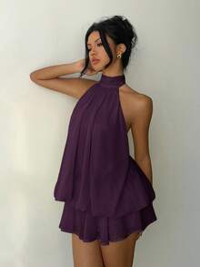 Aloruh Women's Elegant Light Yellow Halter Tie Mini Dress Purple Summer Dress - Purple - View 5