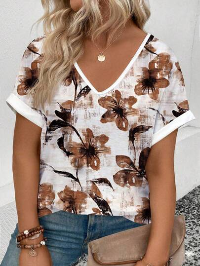 EMERY ROSE Plus Size Women's Fashion Casual Vacation Floral Print V-Neck Batwing Short Sleeve Loose T-Shirt, Summer