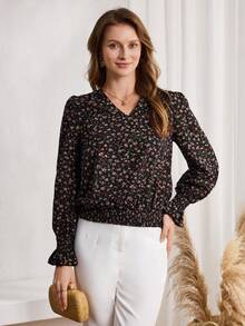 EMERY ROSE 女士休闲碎花长袖衬衫，袖口收褶，秋季款 - 彩色 - 查看 3