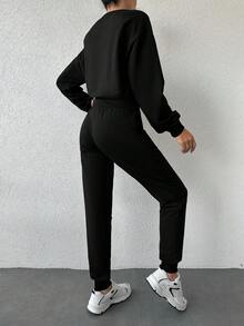 EURMUSE Của phụ nữ In thư Bộ Áo nỉ & Quần - màu đen - Xem 2