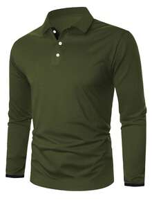 Manfinity Homme Men's Solid Color Button Casual Versatile Long Sleeve Polo Shirt Green Collared Men - Army Green - View 3