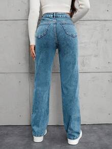 SHEIN Tall 高腰100%纯棉斜口袋直筒牛仔裤 - 淺色水洗藍 - 查看 2