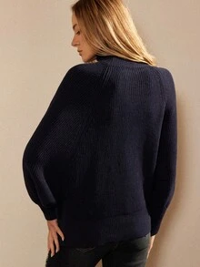 Écloséra Französischer Retro-Lässig-Mode eleganter Urlaubs-eleganter konservativer einfacher Pendler-Dating-Festival-Stehkragen-Stehkragen-Dropped-Shoulder-Ärmel-Laternenärmel-Langarmstrickpullover einfache Taschen marineblau Herbst Damenbekleidung Winter Damenbekleidung Halloween Damenbekleidung Thanksgiving Heimbekleidung Damen Lässig Damen Elegant Fledermausärmel Pullover Loose Damen Pullover - marineblau - Übersicht 2