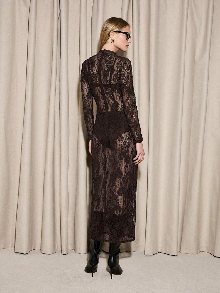 AiiRZ Long Sleeve Lace Bodycon Maxi Dress With High Neck And Sheer Details For Evening Party