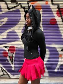 Modviera 女士铆钉杜宾犬领拉链修身T恤 - 黑色 - 查看 3