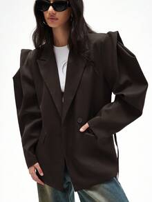 Aveloria Affinna 宽松休闲通勤百搭超宽肩廓形收腰设计纯色西装外套 - 咖啡棕 - 查看 4