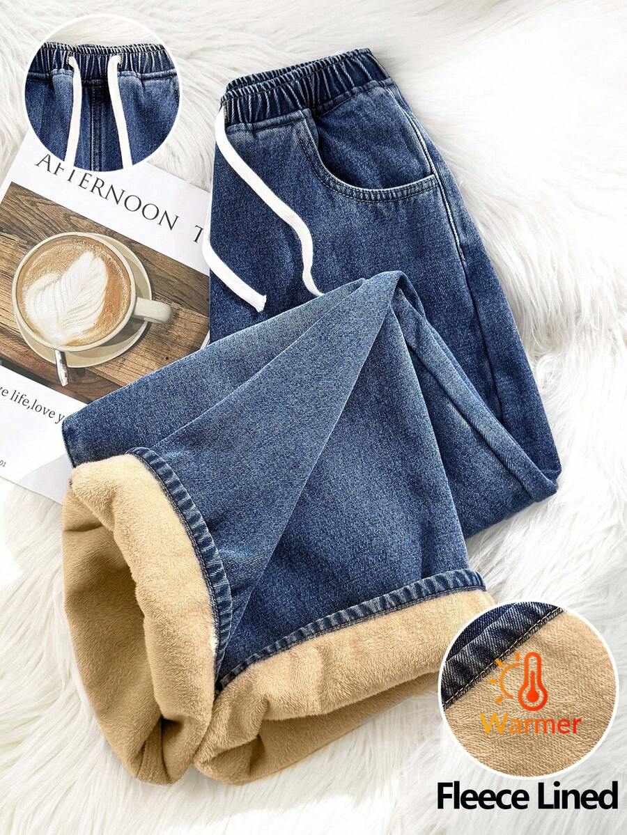 SHEIN 少女抽绳腰带口袋保暖内衬休闲百搭阔腿牛仔裤，冬季