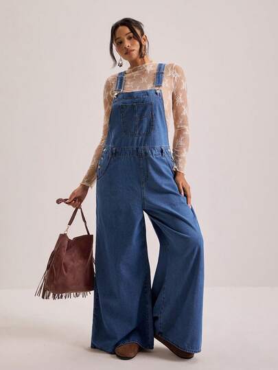 Freevana 大码女式口袋设计休闲阔腿牛仔连体裤