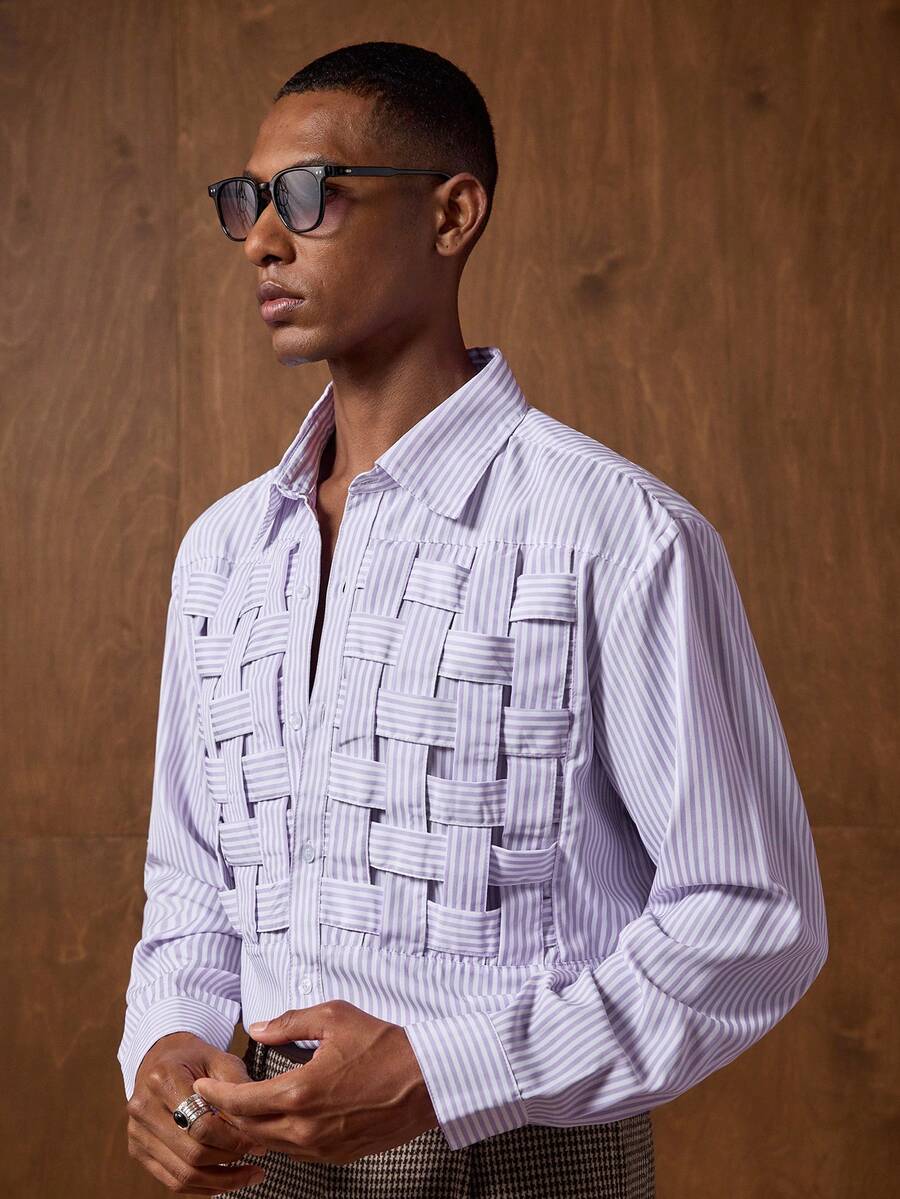 AKNOTIC Business Casual Chemise à manches longues rayée décontractée pour hommes, automne - Parme - Voir 1