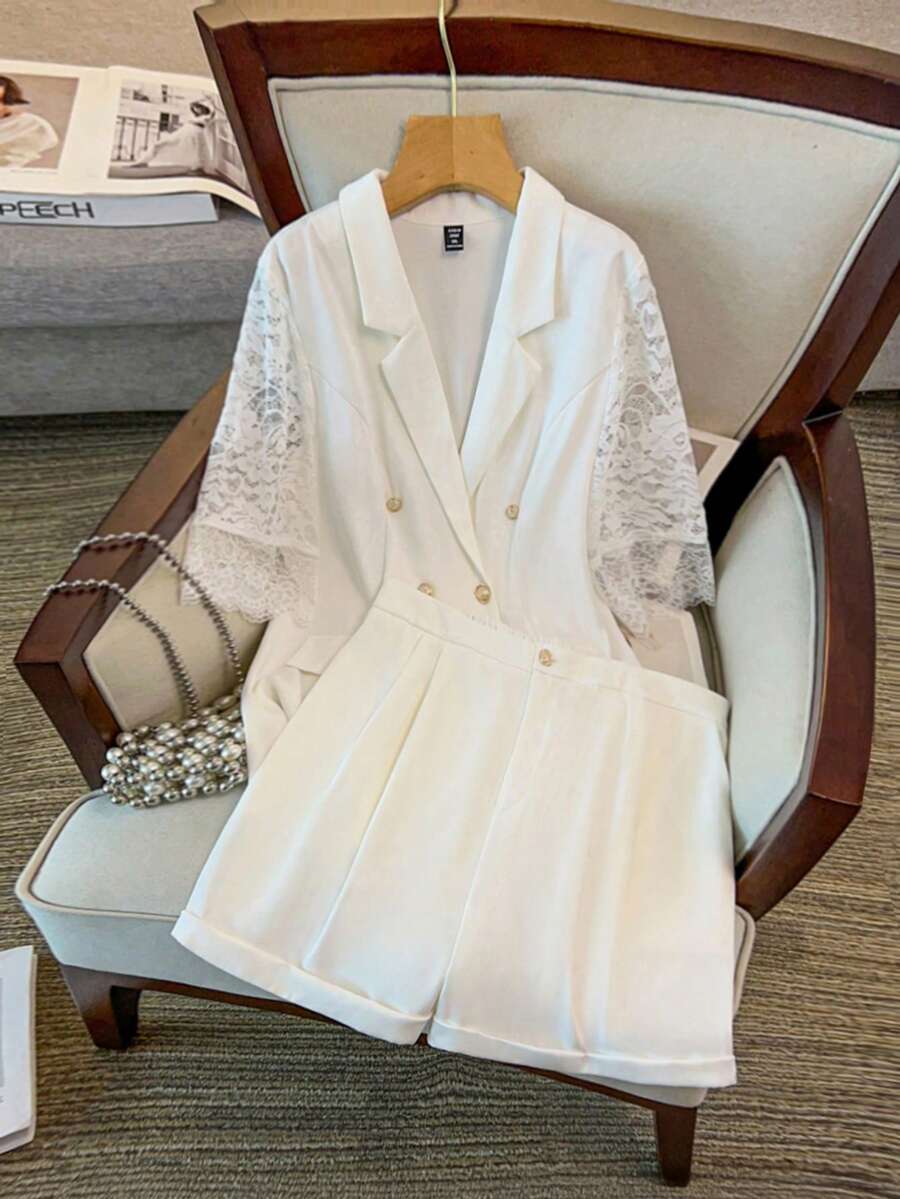 GlowEve CURVE Women's Elegant Lace Short Sleeve Double-Breasted Blazer & Shorts Suit Set - White - View 1
