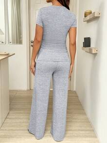 2 piezas Conjunto casual de maternidad con cuello redondo, manga corta, ajustado y fruncido, transpirable - Gris - Ver 2