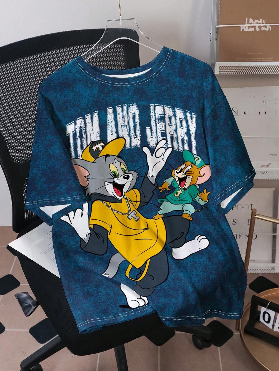 TOM & JERRY X SHEIN Men's Casual Street Sports Funny Cartoon Letter Graphic Tie-Dye Loose Fit T-Shirt, Summer - White - View 1