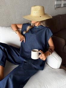 EMERY ROSE Women's Round Neck Short Sleeve Loose Fashion Casual Denim Set, Summer,Valentine's Day,Summer,Carnival,Beach,Party,Elegant Party Dress,Going Out - Blue - View 7