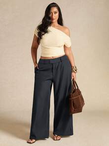 SHEIN BAE 大码女士优雅不对称办公裤，秋冬款 - 深灰色 - 查看 4