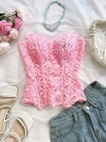 Soleia Áo nịt ngực corset hai lớp hở vai gợi cảm, ren ôm sát, thêu khoét lỗ, thích hợp cho buổi tối, khách dự tiệc cưới, mùa thu - Màu be - Xem 3