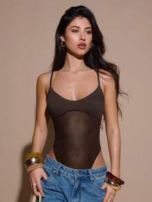 SHEIN BAE Black Sheer Mesh Patchwork Asymmetric Bodysuit, Day Of The Dead, Women Dark Brown Top - Coffee Brown - View 5