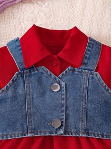 SHEIN 女婴时尚街头风套装：蓝色背带上衣+红色荷叶边领短袖连衣裙，舒适柔软，适合春夏休闲穿着、外出游玩和作为礼物。 - 紅色 - 查看 6