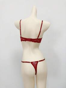 MidnightGlam 2pcs Lace Decor Chain Band Underwire Brassiere And Thong Panty Lingerie Set For Women, Lingerie For Women,Sexy,Valentine's Day,Wedding - Burgundy - View 5