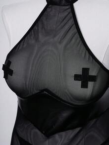 SHEIN 大码女式哥特风性感透视极简PU拼接网纱吊带睡裙+丁字裤两件套内衣套装 - 黑色 - 查看 5