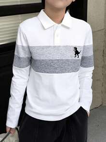 SHEIN Mirajuku Boys' Polo Shirt With Contrast Collar, Long Sleeve, Minimalist & Fashionable - White - View 1