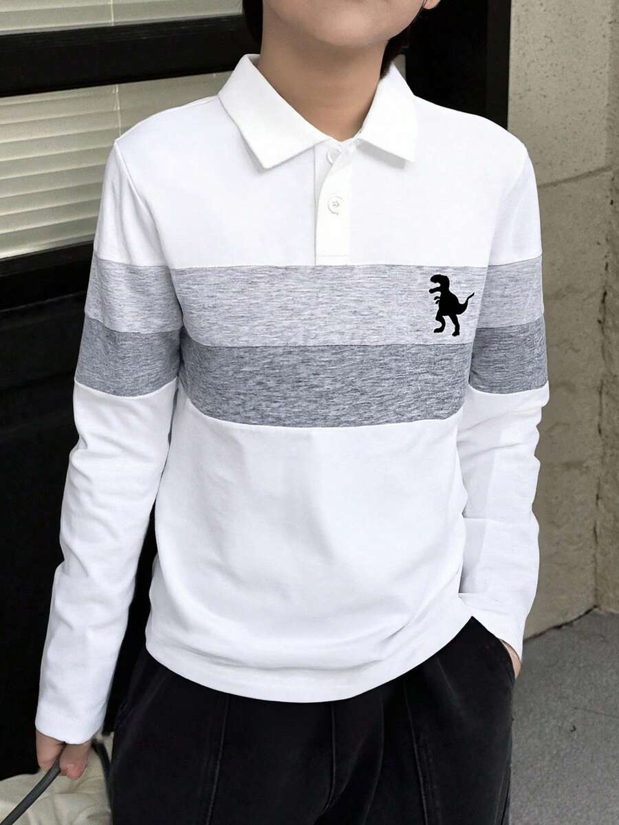 SHEIN Mirajuku Boys' Polo Shirt With Contrast Collar, Long Sleeve, Minimalist & Fashionable - White - View 1