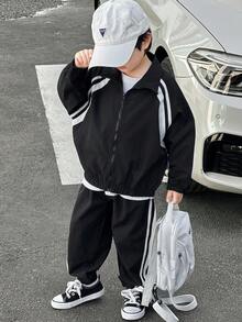 SHEIN Little Byeori 两件套儿童男童休闲韩版宽松加厚针织领拉链连帽外套和裤子套装，适合秋冬季外出，也适合上学、花园、海滩、生日、春夏秋冬等场合。 - 黑色 - 查看 1