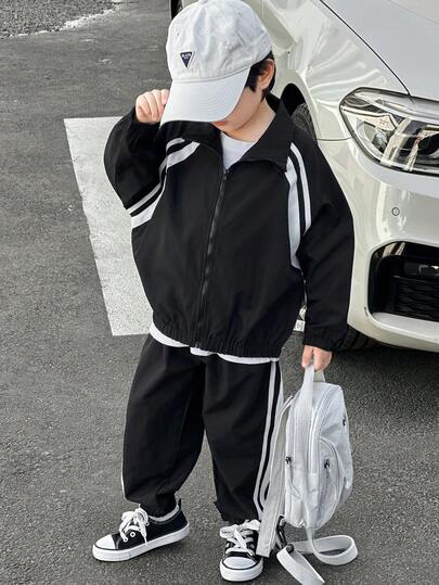 SHEIN Little Byeori 两件套儿童男童休闲韩版宽松加厚针织领拉链连帽外套和裤子套装，适合秋冬季外出，也适合上学、花园、海滩、生日、春夏秋冬等场合。