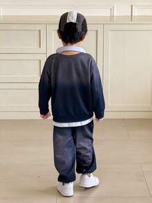 SHEIN 2 件套年轻男孩休闲街头时尚韩版扎染连帽运动衫和纯色松紧腰运动裤套装，适合返校、生日、迎婴派对、节日派对、秋冬季 - 黑色 - 查看 3