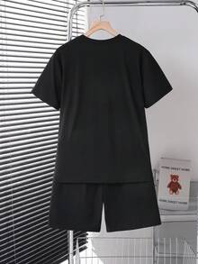 SHEIN Vacaura 2pcs/Set Teenage Boys Casual Crew Neck Short Sleeve Top And Shorts Set, Sporty & Cool Summer Outfit - Black - View 2
