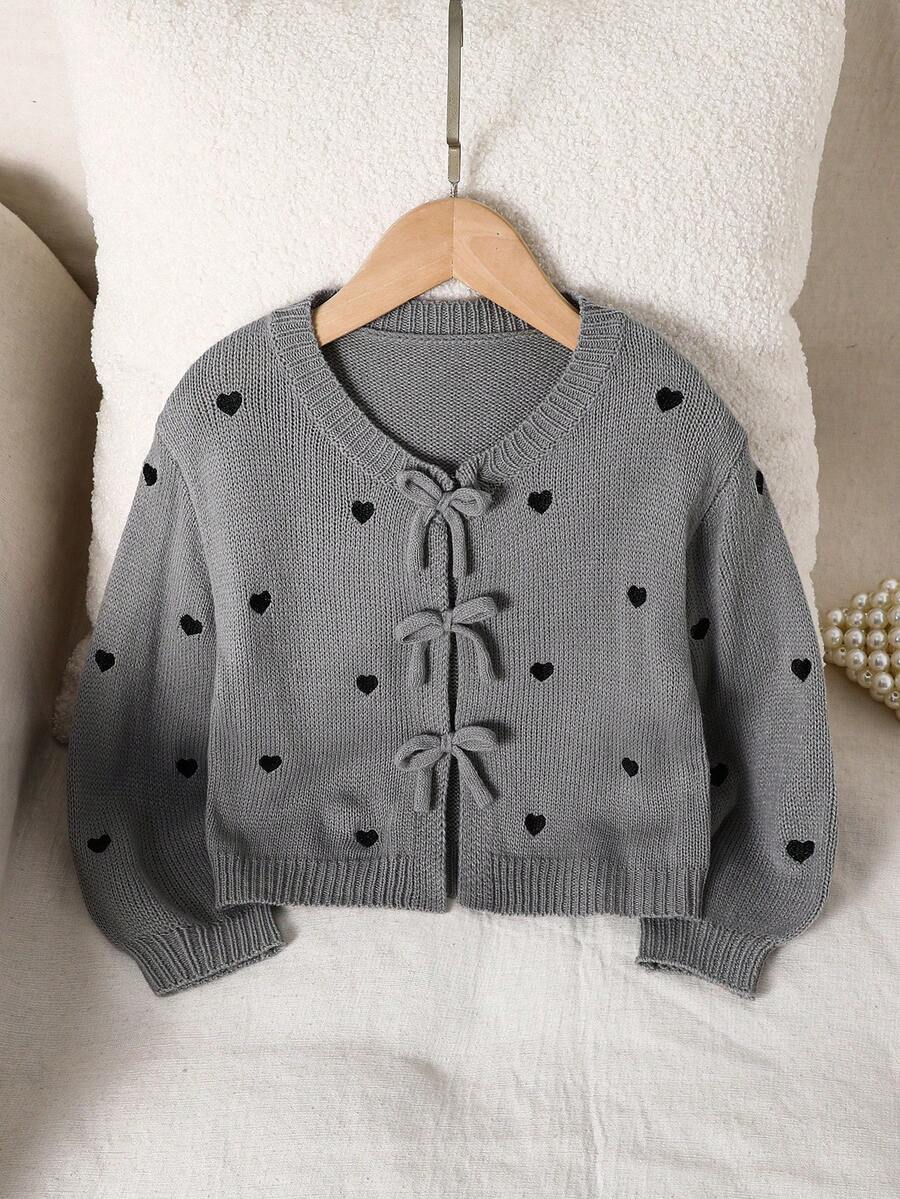 SHEIN 女童针织毛衣，蝴蝶结装饰，可爱休闲，柔软舒适，百搭，适合居家、聚会和假日穿着 - 淺灰色 - 查看 1