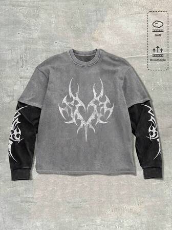 T-shirt décontracté à manches longues 2 en 1 avec col rond et imprimé gothique pour hommes