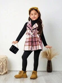 Emery Rose Kids Emery Rose Kids 3件套女童都市时尚格子外套、长袖T恤、裤子套装，适合休闲外出、派对、度假等场合，秋冬季 - 粉色 - 查看 6